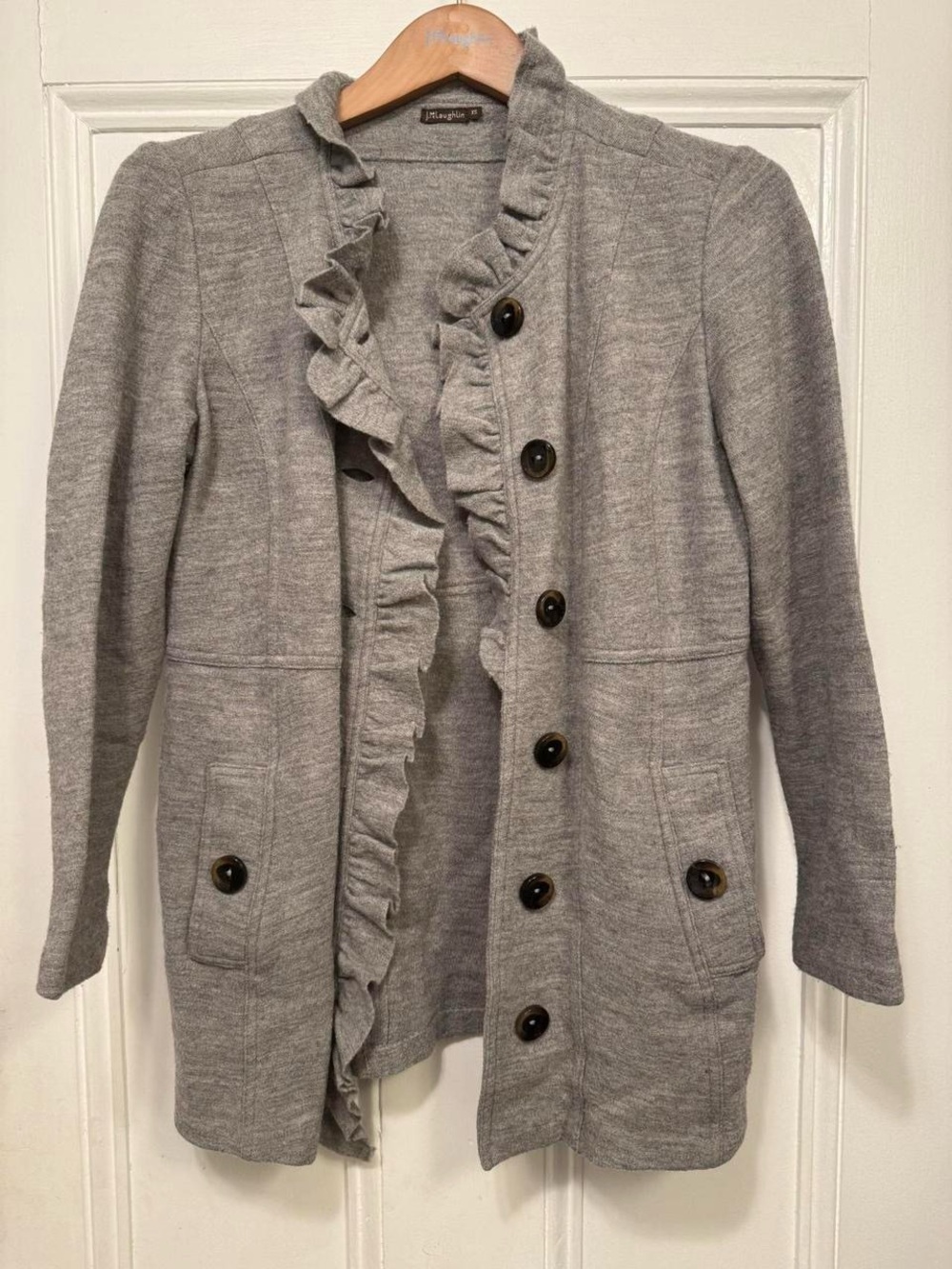 J. McLaughlin Gray Ruffle-Trim Cardigan